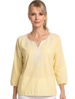 Relativity Yellow Embroidered 3/4 Sleeve Sheer 100% Cotton Summer Blouse Size S